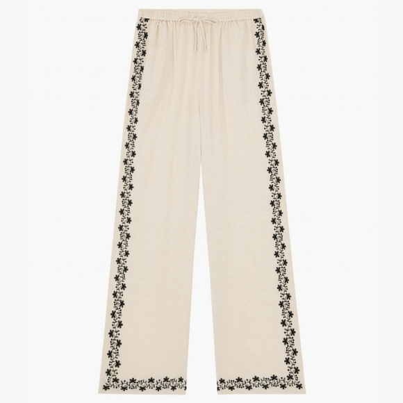 Nobody'S Child Pants - Nobody's Child Oatmeal Black Floral Embroidered Wide Leg Pull On Shona Trousers